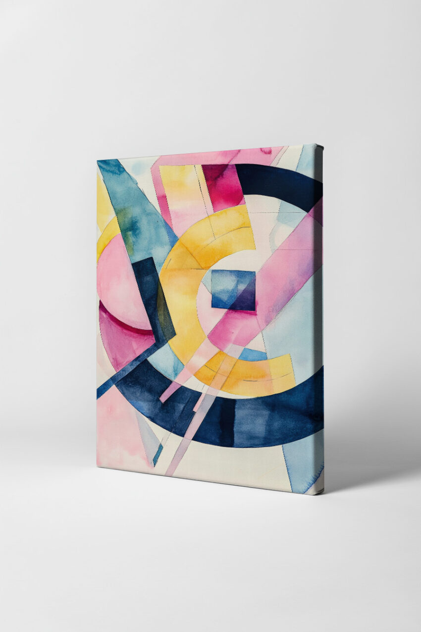 Abstraktes Aquarell mit gelben Bögen, blauen Kreisen und rosa Flächen in geometrischer Komposition als Kunstdruck