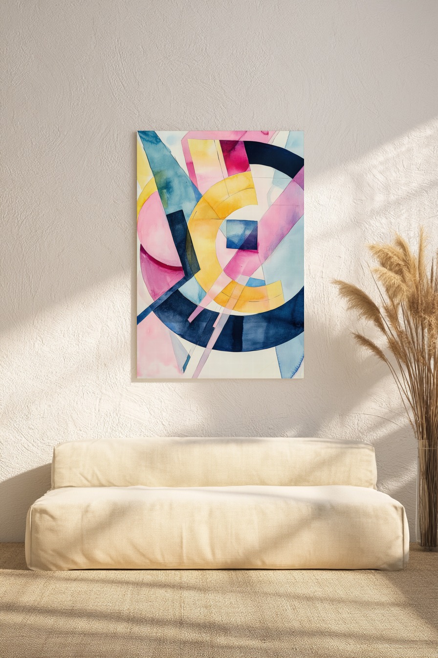 Abstraktes Aquarell mit gelben Bögen, blauen Kreisen und rosa Flächen in geometrischer Komposition als Kunstdruck