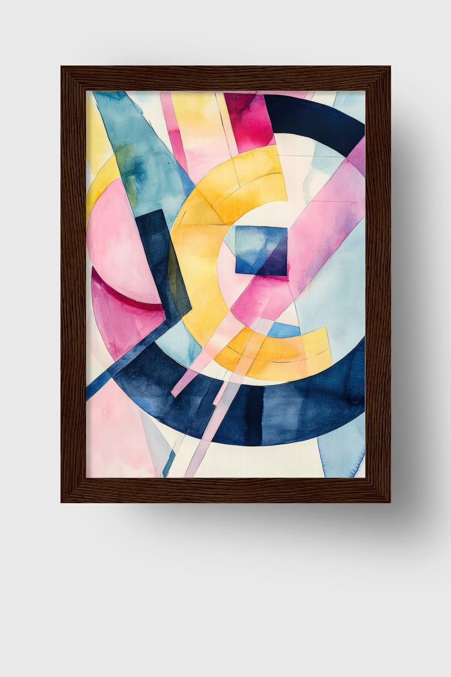 Abstraktes Aquarell mit gelben Bögen, blauen Kreisen und rosa Flächen in geometrischer Komposition als Kunstdruck