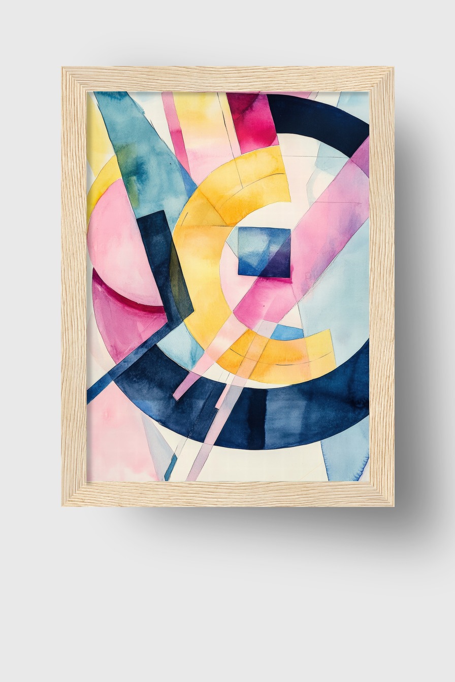 Abstraktes Aquarell mit gelben Bögen, blauen Kreisen und rosa Flächen in geometrischer Komposition als Kunstdruck