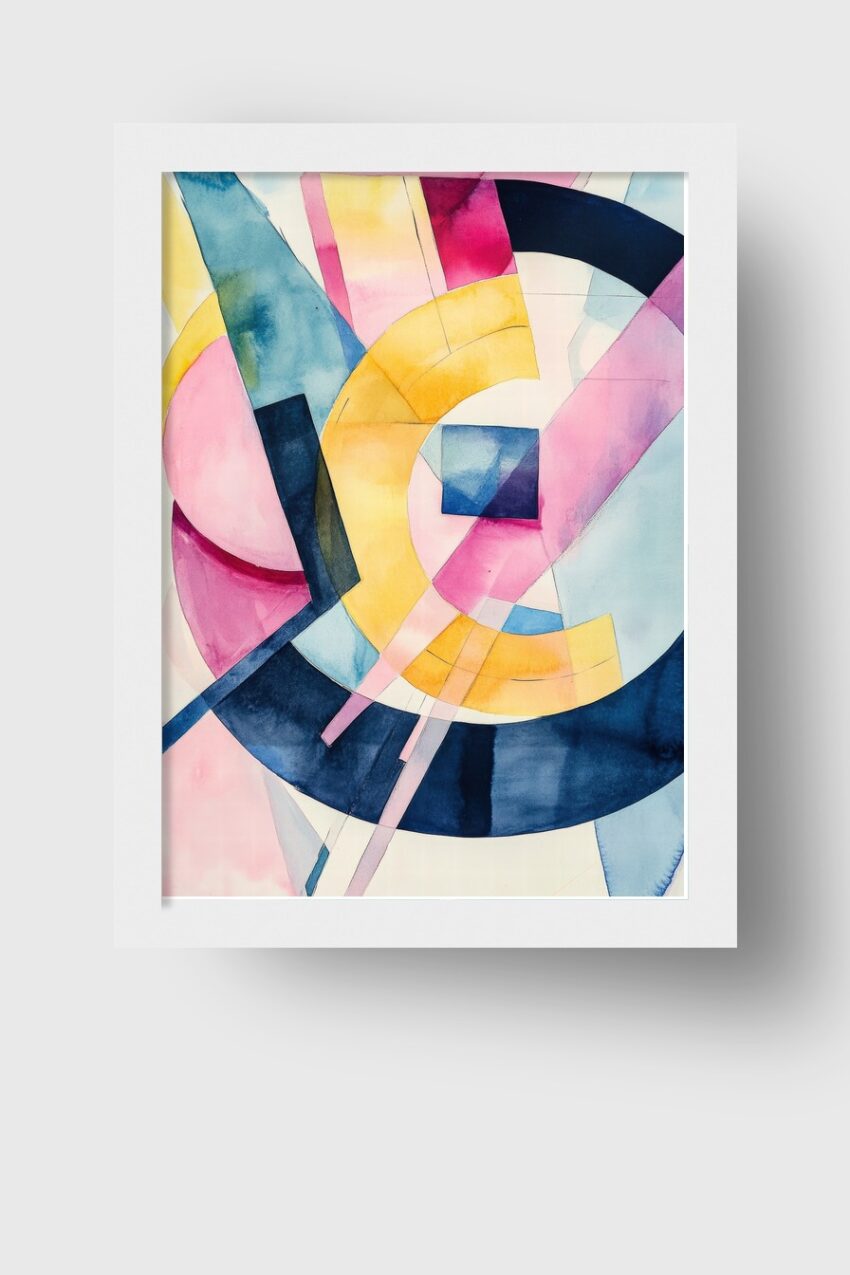 Abstraktes Aquarell mit gelben Bögen, blauen Kreisen und rosa Flächen in geometrischer Komposition als Kunstdruck