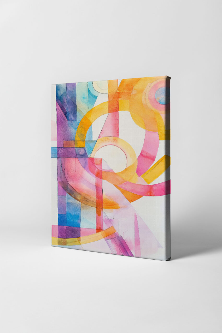 Abstraktes Wandbild mit geometrischen Kreisen in Rosa, Gelb und Blau als farbenfroher Kunstdruck