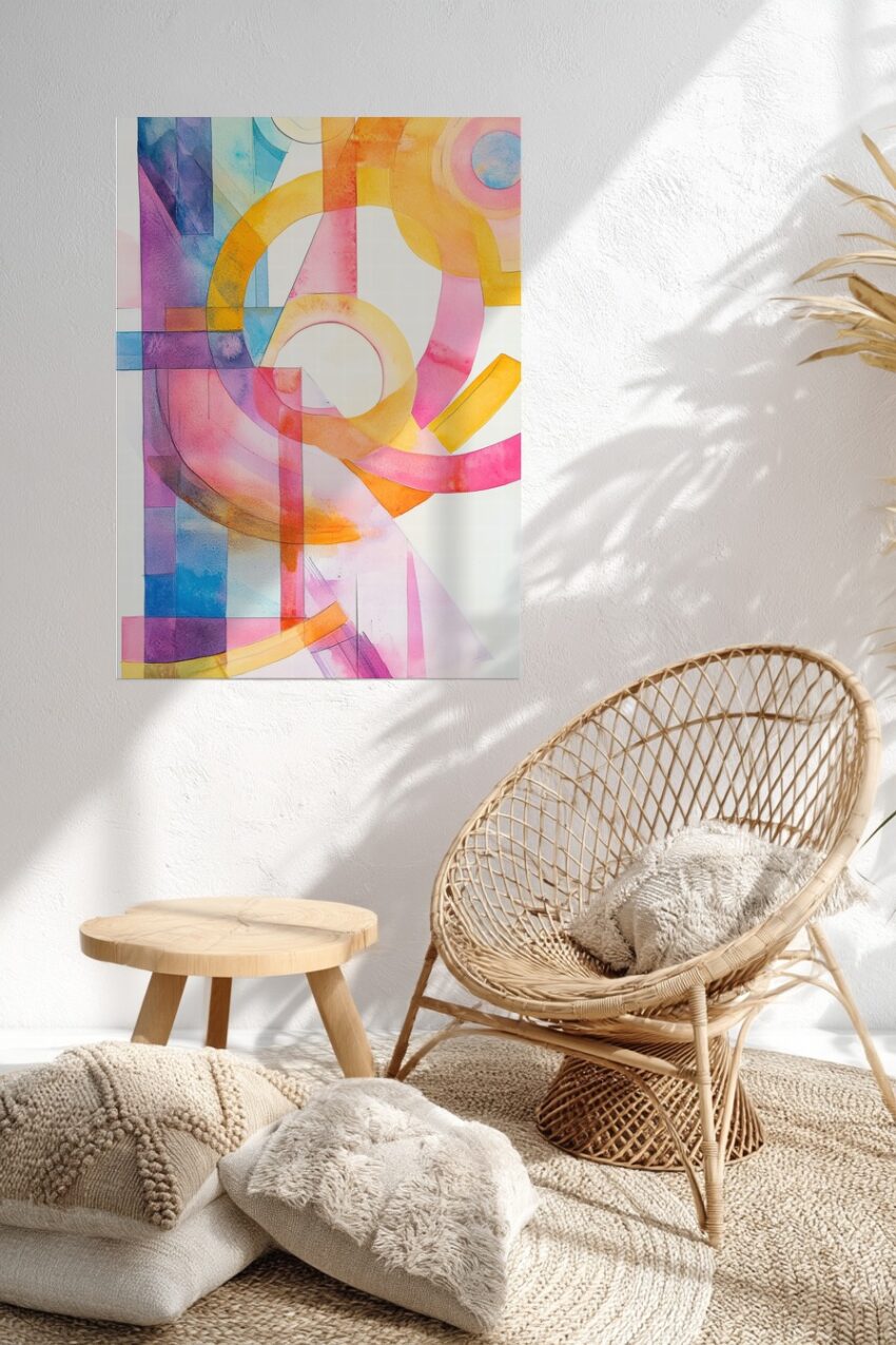 Abstraktes Wandbild mit geometrischen Kreisen in Rosa, Gelb und Blau als farbenfroher Kunstdruck