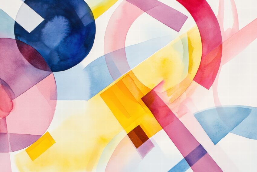 Abstraktes Wandbild mit bunten geometrischen Formen und Kreisen in Wasserfarbe in verschiedenen Farben