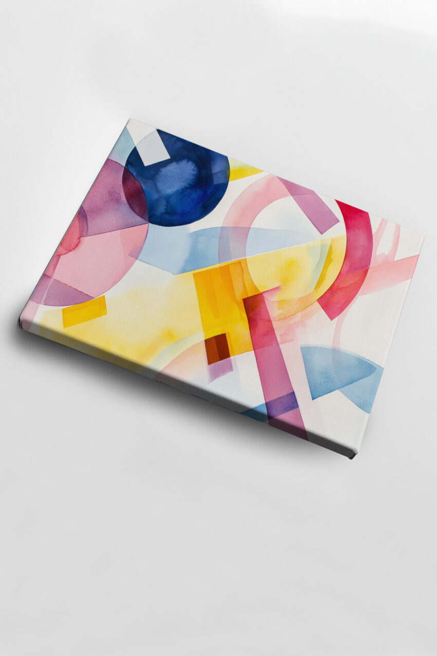 Abstraktes Wandbild mit bunten geometrischen Formen und Kreisen in Wasserfarbe in verschiedenen Farben