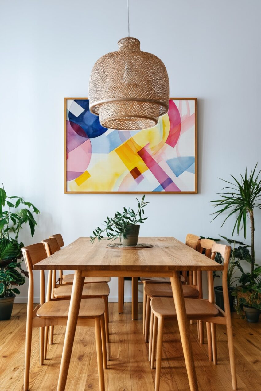 Abstraktes Wandbild mit bunten geometrischen Formen und Kreisen in Wasserfarbe in verschiedenen Farben