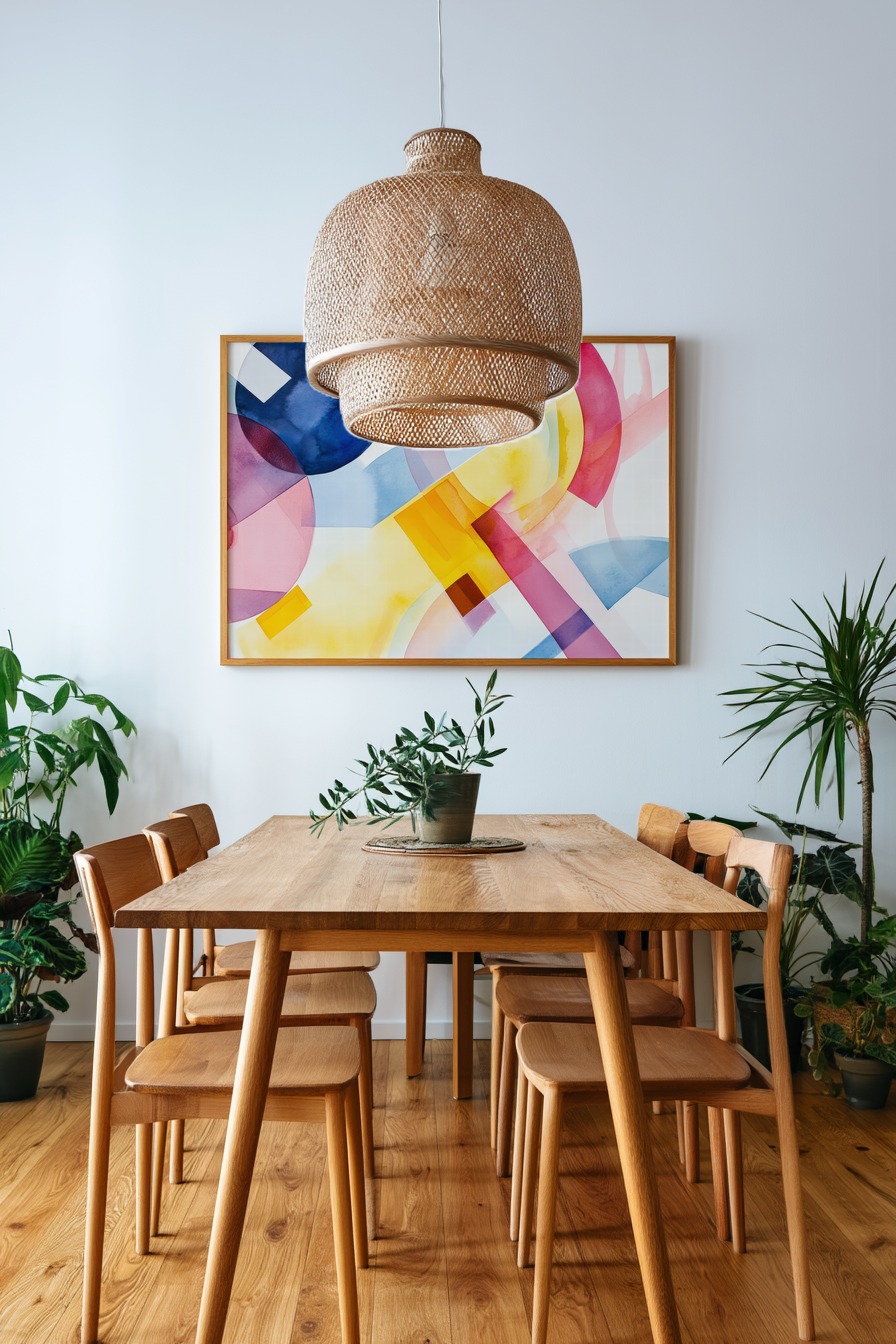 Abstraktes Wandbild mit bunten geometrischen Formen und Kreisen in Wasserfarbe in verschiedenen Farben