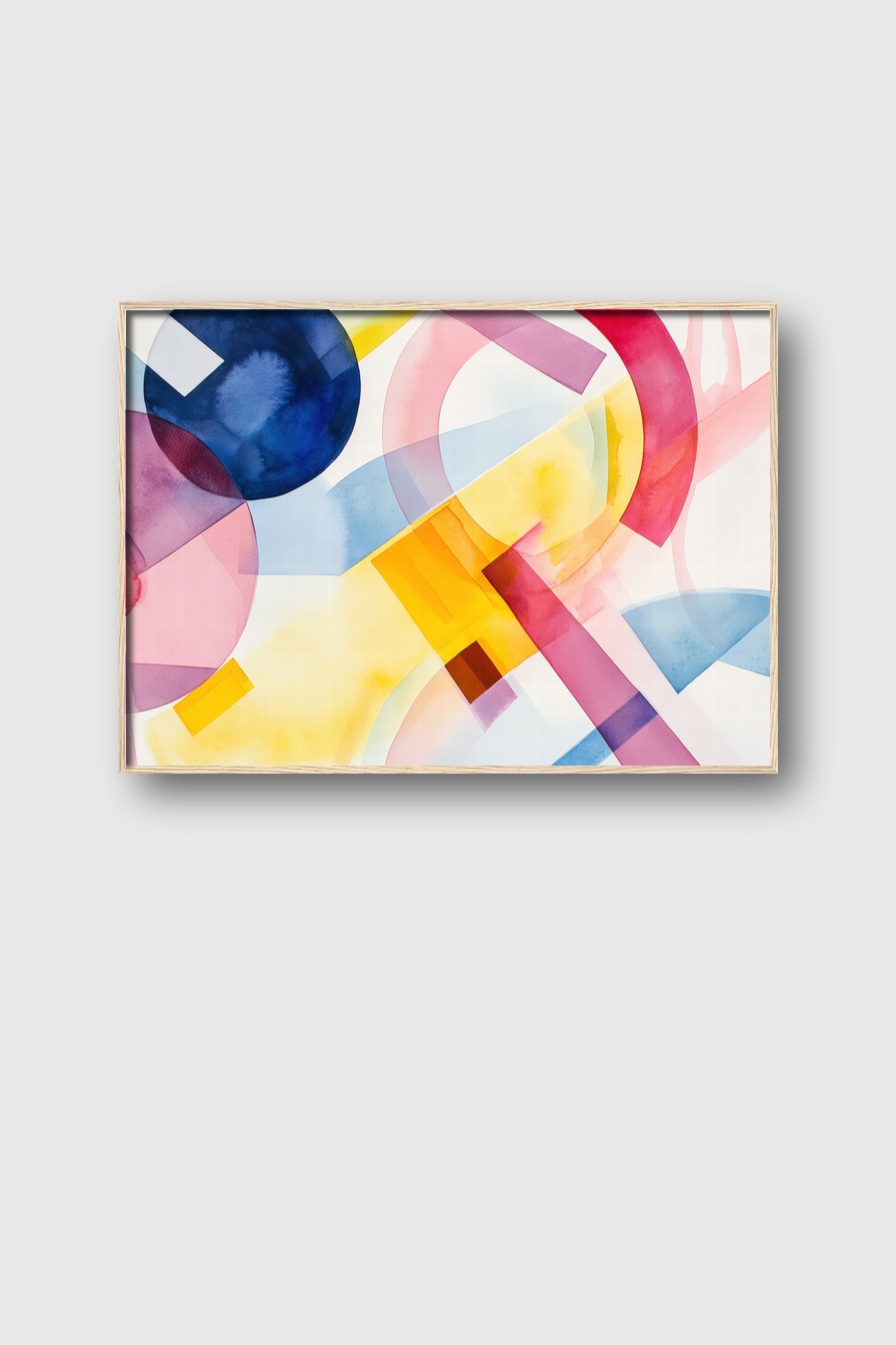 Abstraktes Wandbild mit bunten geometrischen Formen und Kreisen in Wasserfarbe in verschiedenen Farben