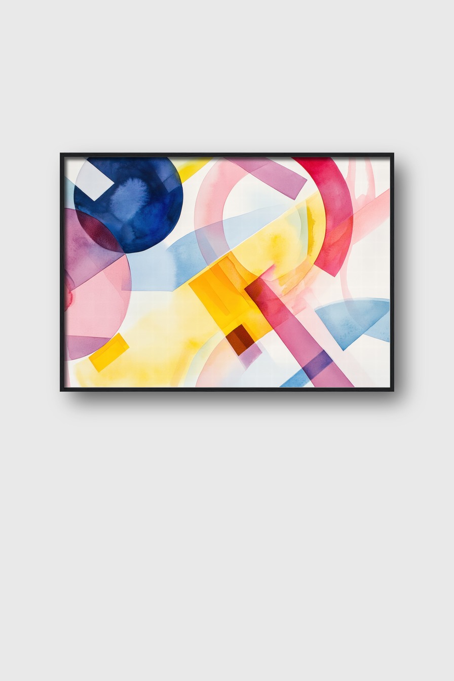 Abstraktes Wandbild mit bunten geometrischen Formen und Kreisen in Wasserfarbe in verschiedenen Farben
