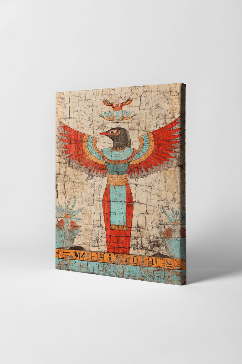 Ägyptische Wandmalerei mit Falkengott und ausgebreiteten roten und blauen Flügeln, historischer Kunstdruck mit Hieroglyphen