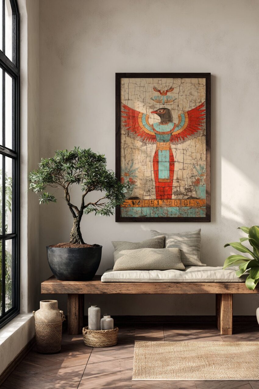 Ägyptische Wandmalerei mit Falkengott und ausgebreiteten roten und blauen Flügeln, historischer Kunstdruck mit Hieroglyphen