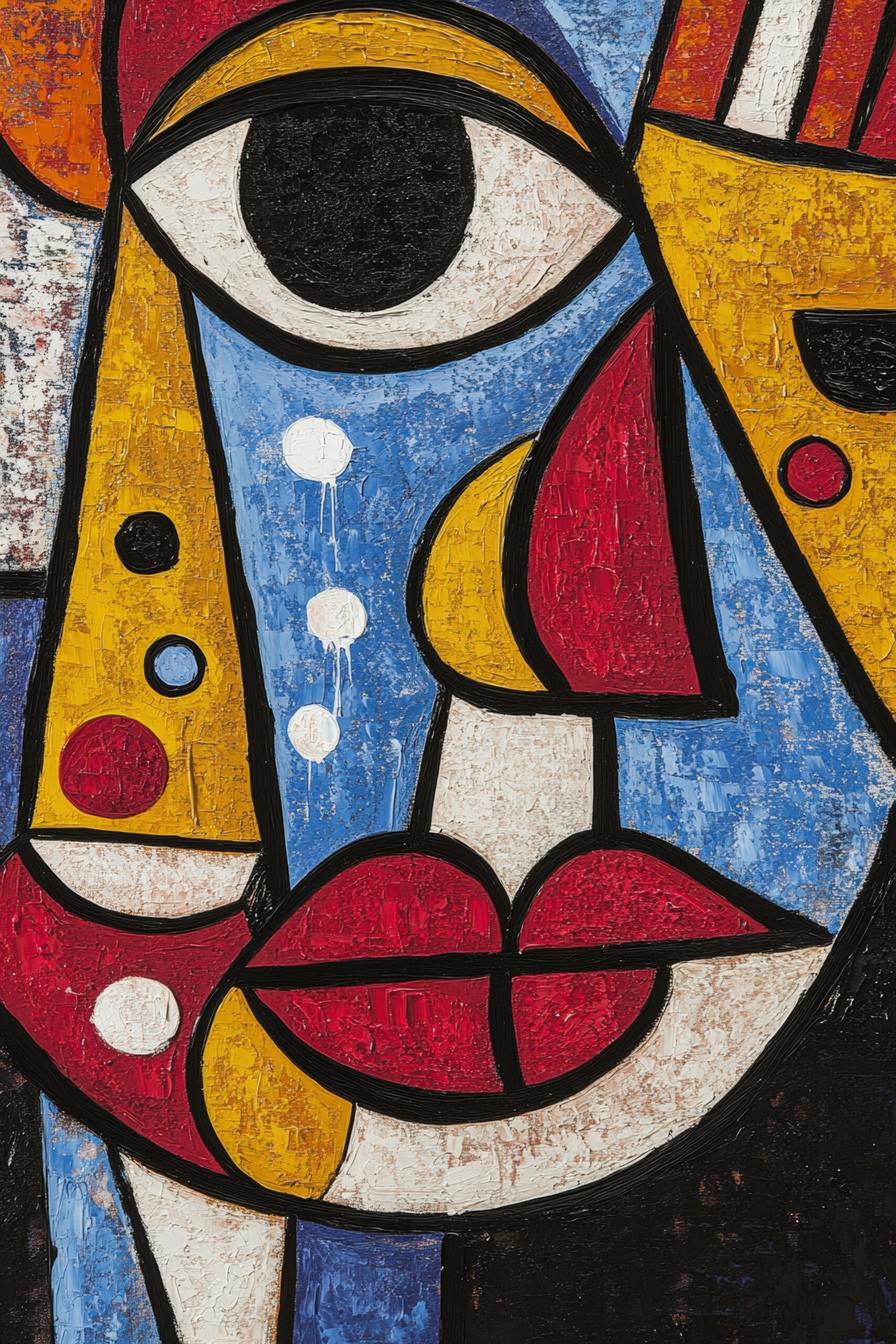 Kubistisches Gesicht in leuchtenden Farben als moderner Kunstdruck mit klaren Konturen und abstrakten Formen in Blau, Rot und Gelb