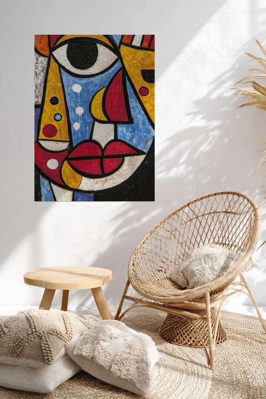 Kubistisches Gesicht in leuchtenden Farben als moderner Kunstdruck mit klaren Konturen und abstrakten Formen in Blau, Rot und Gelb