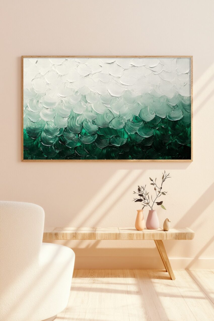 Poster mit abstrakten dicken Pinselstrichen in Grün und Weiß mit strukturierter Oberfläche