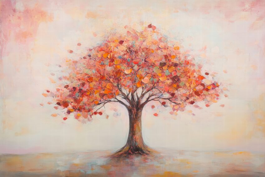 Abstraktes Wandbild mit einem Herbstbaum in Rot und Orange auf hellem Hintergrund als Kunstdruck