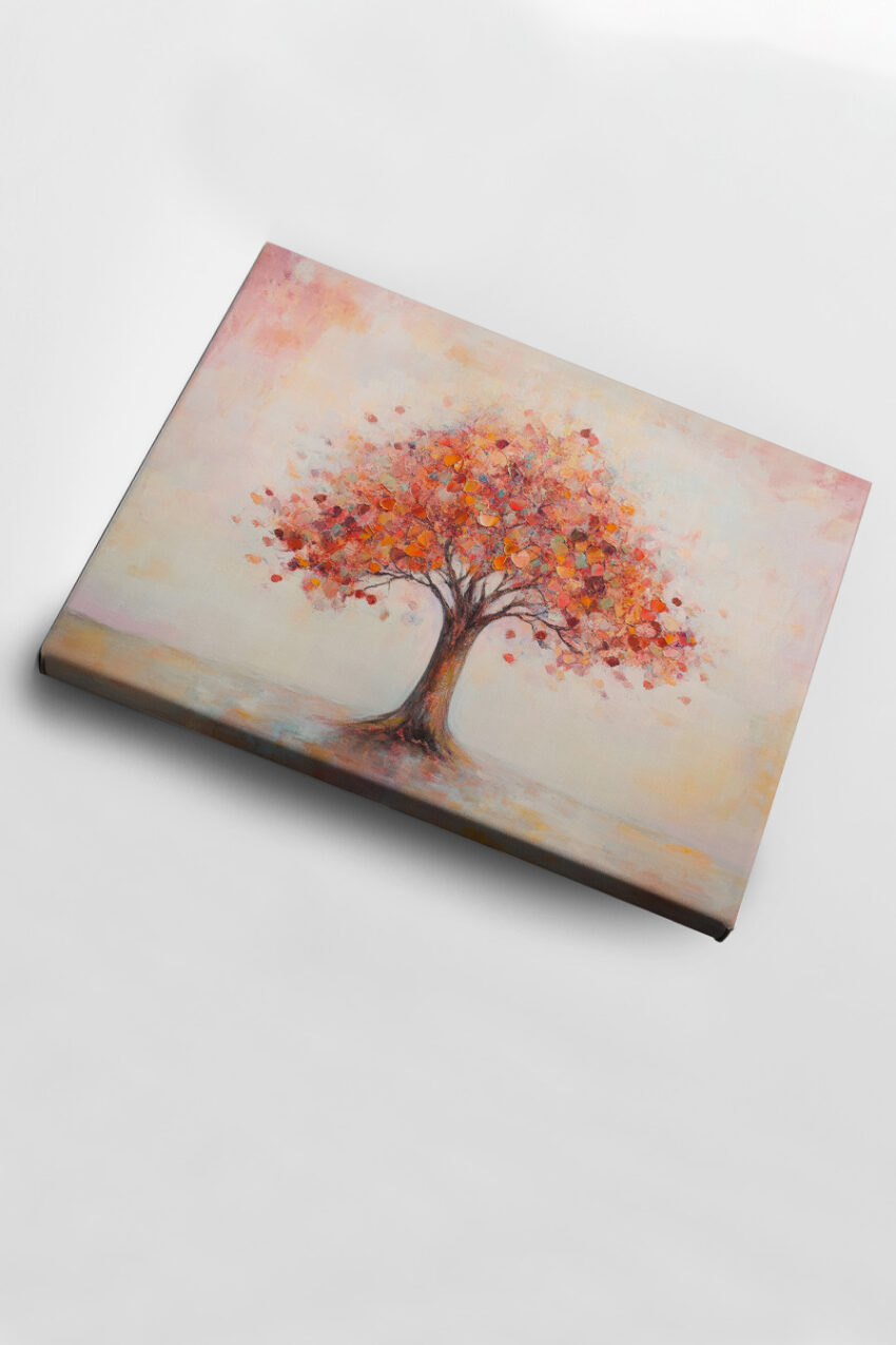 Abstraktes Wandbild mit einem Herbstbaum in Rot und Orange auf hellem Hintergrund als Kunstdruck