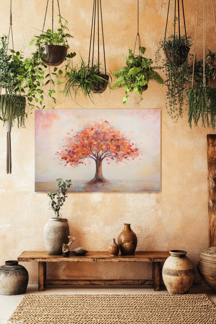 Abstraktes Wandbild mit einem Herbstbaum in Rot und Orange auf hellem Hintergrund als Kunstdruck