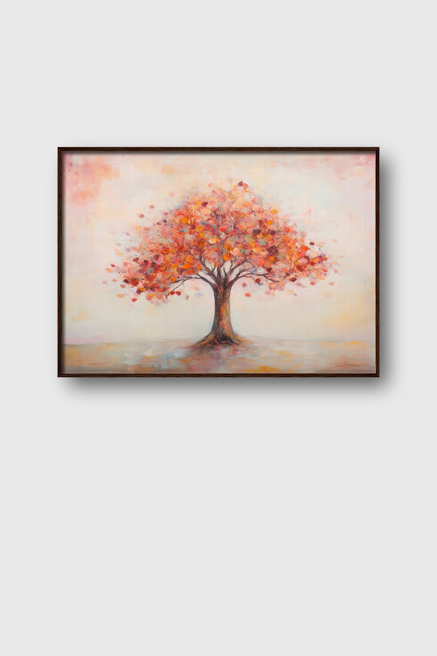 Abstraktes Wandbild mit einem Herbstbaum in Rot und Orange auf hellem Hintergrund als Kunstdruck
