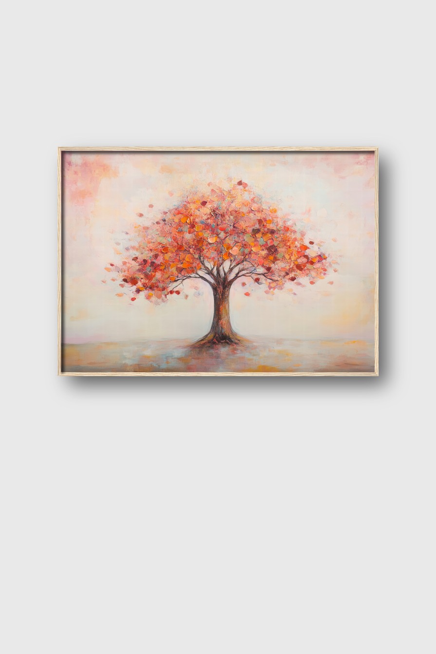 Abstraktes Wandbild mit einem Herbstbaum in Rot und Orange auf hellem Hintergrund als Kunstdruck