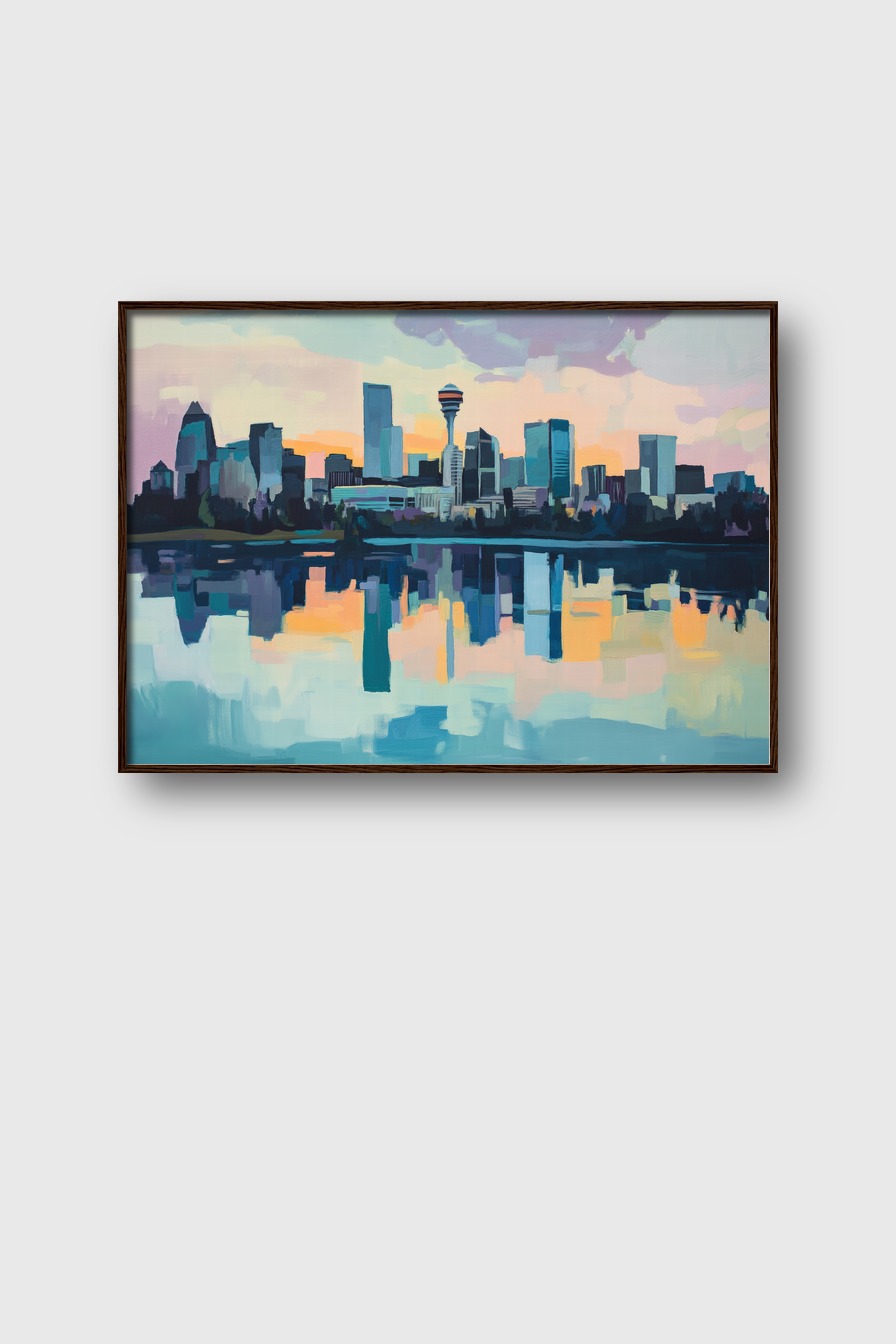 Kunstdruck einer städtischen Skyline mit Reflexion im Wasser bei Sonnenuntergang in sanften Farben