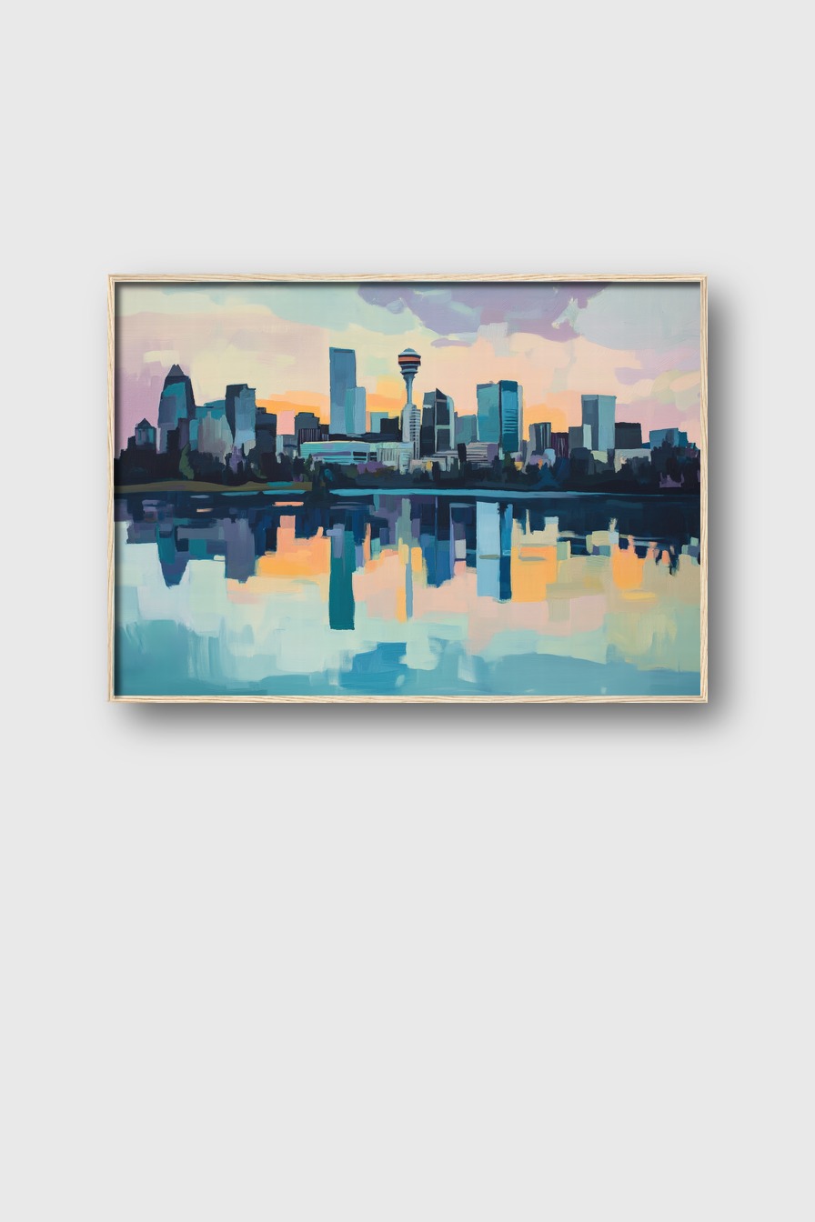 Kunstdruck einer städtischen Skyline mit Reflexion im Wasser bei Sonnenuntergang in sanften Farben