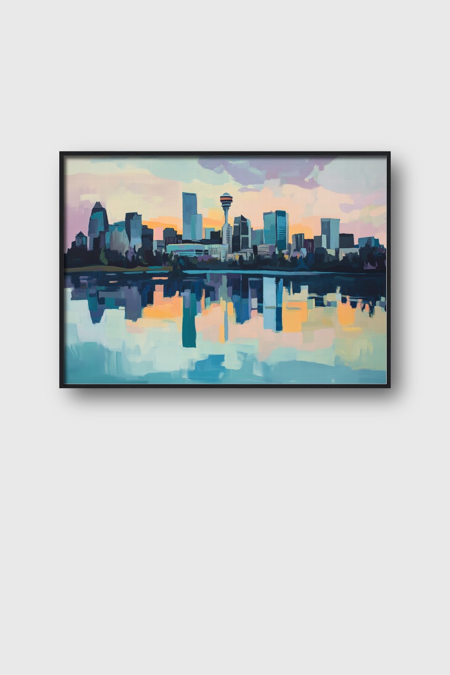 Kunstdruck einer städtischen Skyline mit Reflexion im Wasser bei Sonnenuntergang in sanften Farben