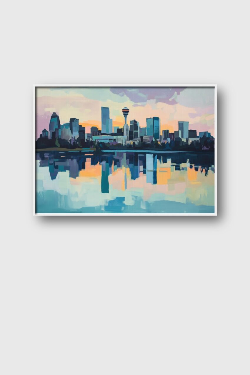 Kunstdruck einer städtischen Skyline mit Reflexion im Wasser bei Sonnenuntergang in sanften Farben