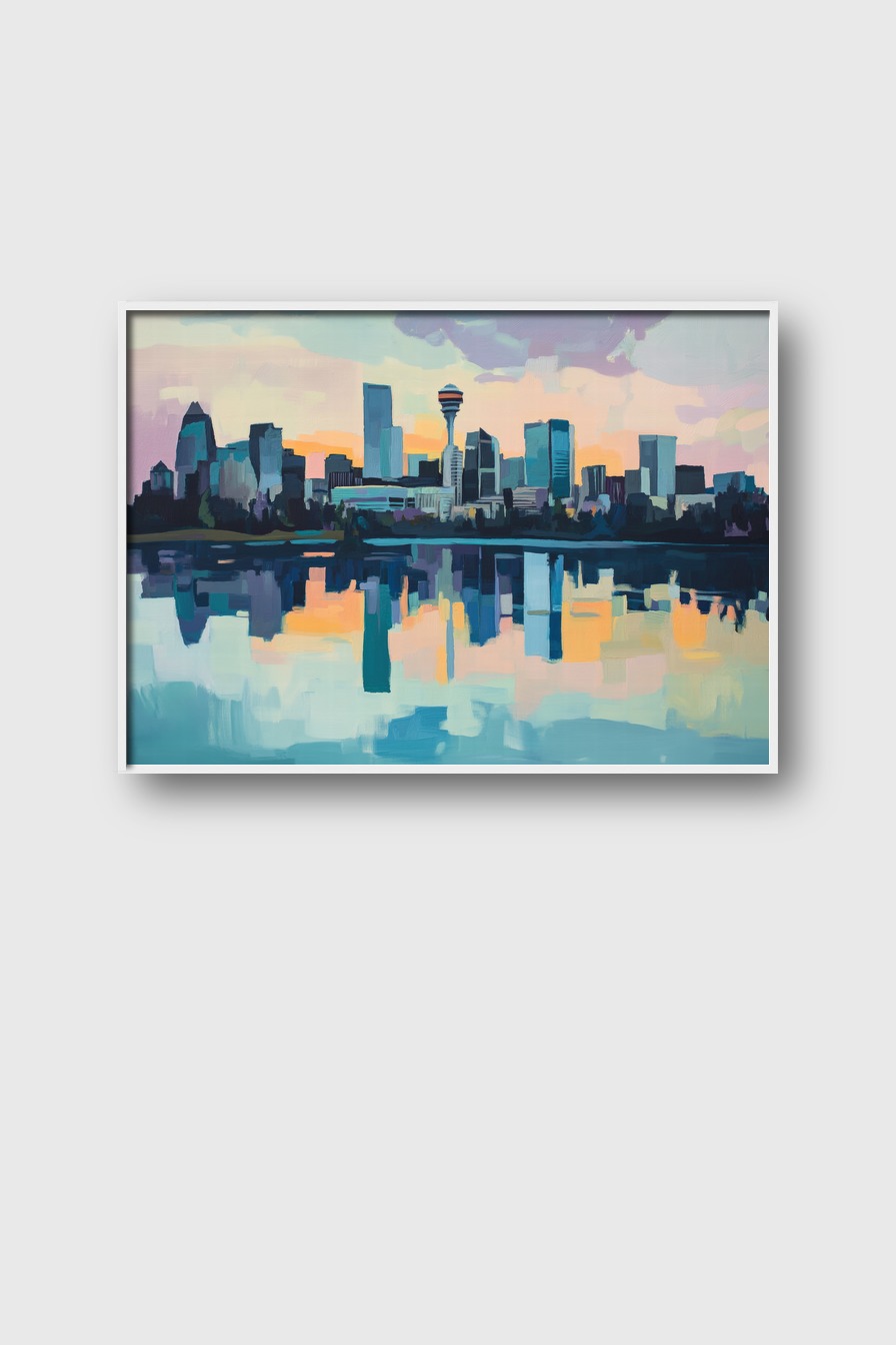 Kunstdruck einer städtischen Skyline mit Reflexion im Wasser bei Sonnenuntergang in sanften Farben