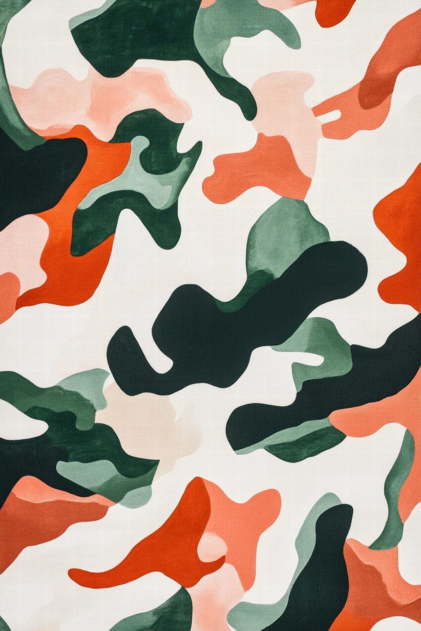Poster mit abstrakten Camouflage Formen in Grün, Orange und Rosa auf hellem Hintergrund