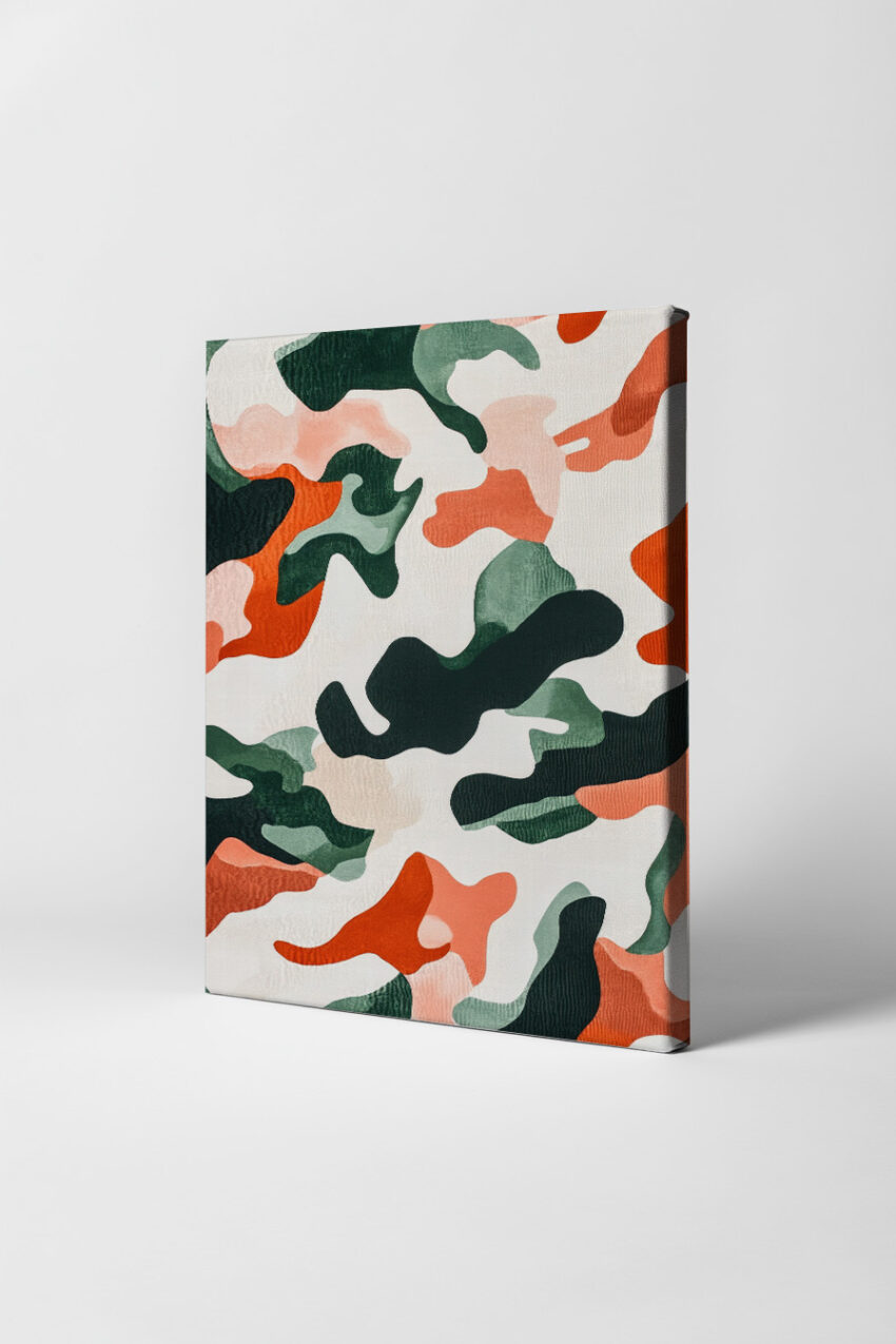 Poster mit abstrakten Camouflage Formen in Grün, Orange und Rosa auf hellem Hintergrund