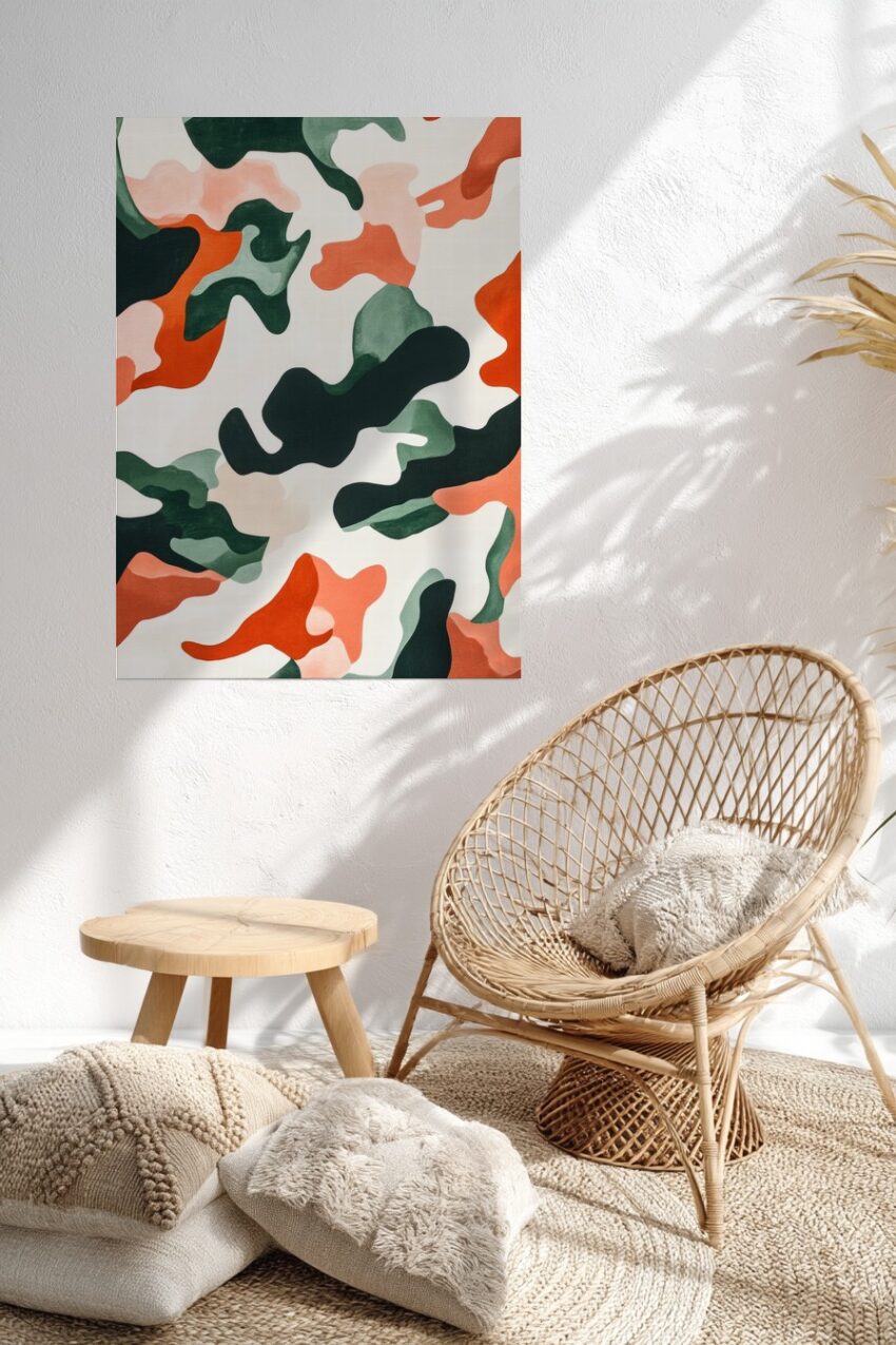 Poster mit abstrakten Camouflage Formen in Grün, Orange und Rosa auf hellem Hintergrund
