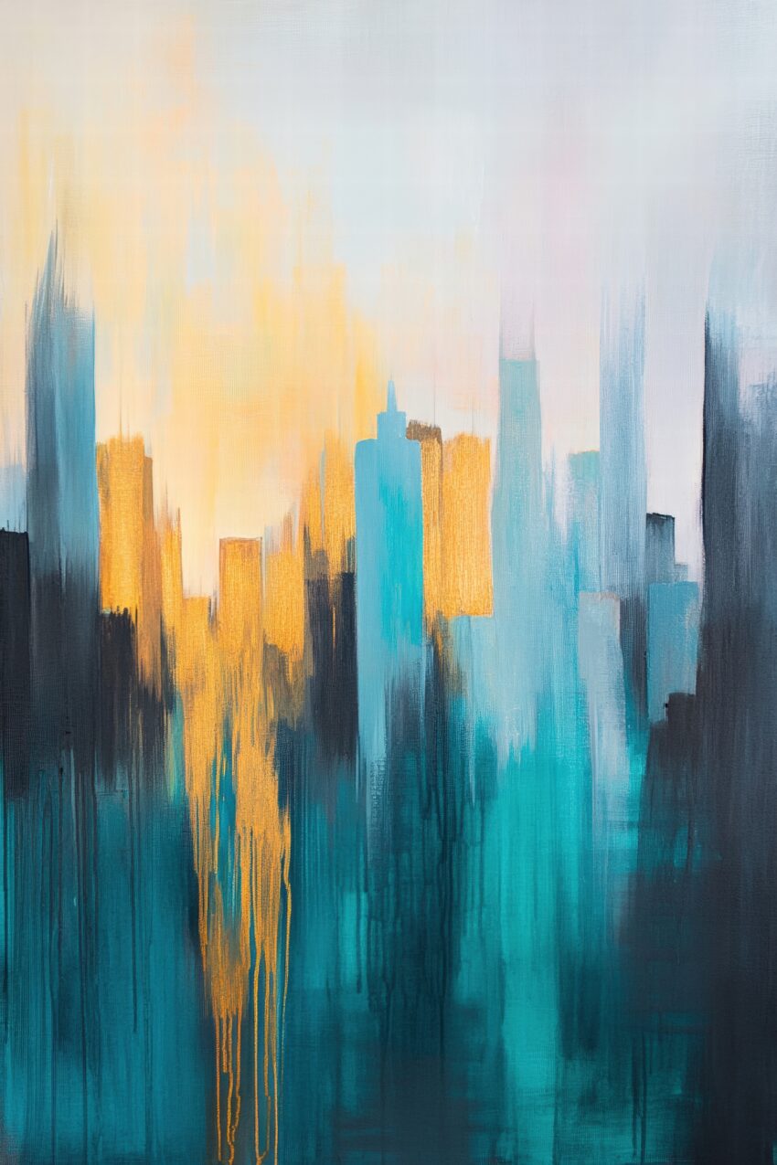 Abstraktes Poster mit verschwommener Stadtsilhouette und Hochhäusern in Blau und Orange