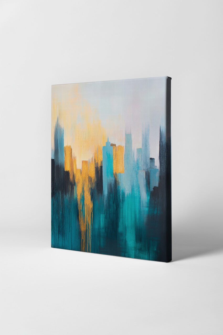 Abstraktes Poster mit verschwommener Stadtsilhouette und Hochhäusern in Blau und Orange