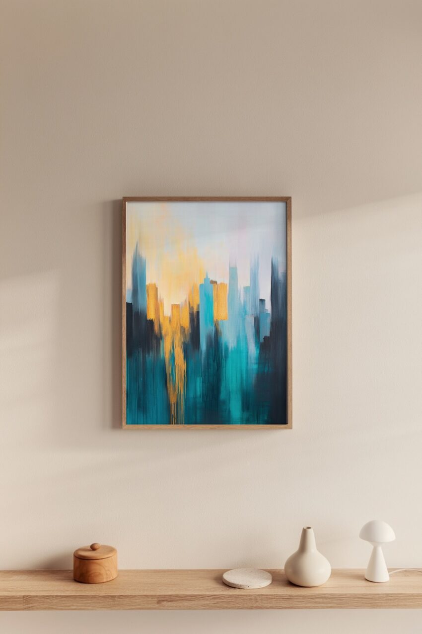 Abstraktes Poster mit verschwommener Stadtsilhouette und Hochhäusern in Blau und Orange