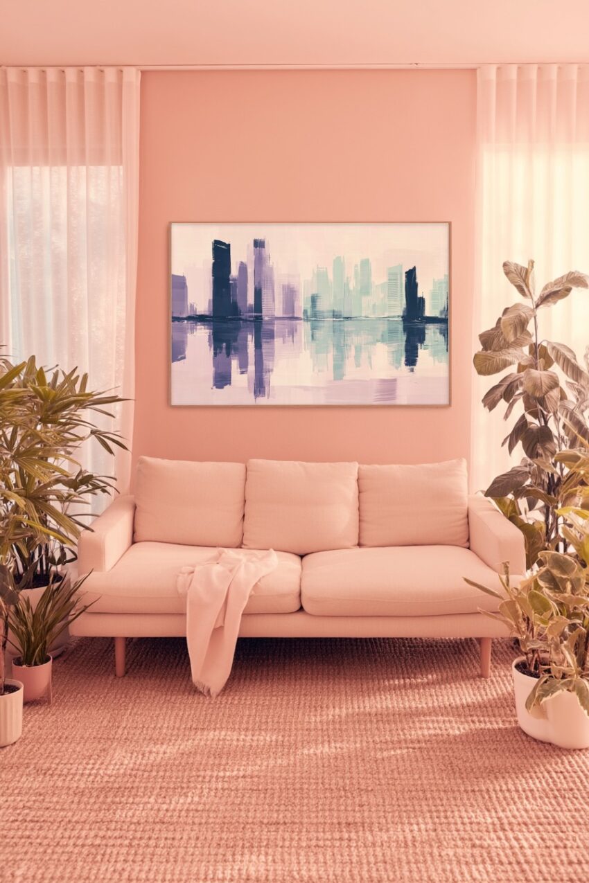 Abstraktes Wandbild einer Stadt Skyline mit Spiegelung im Wasser in Blau und Lila als Kunstdruck