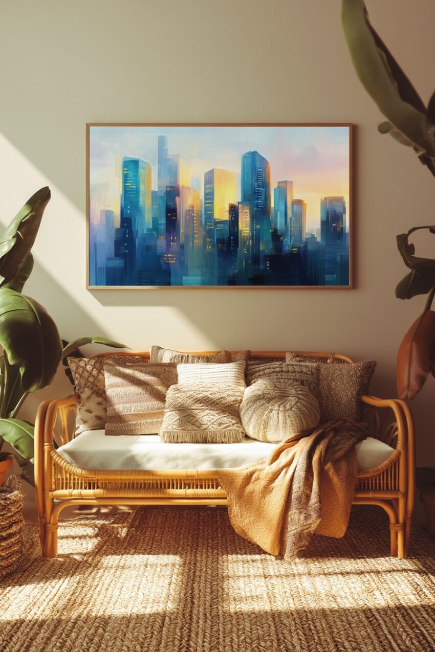 Abstrakter Kunstdruck einer Stadtlandschaft mit hohen Gebäuden in Blau und Gelb bei Sonnenuntergang