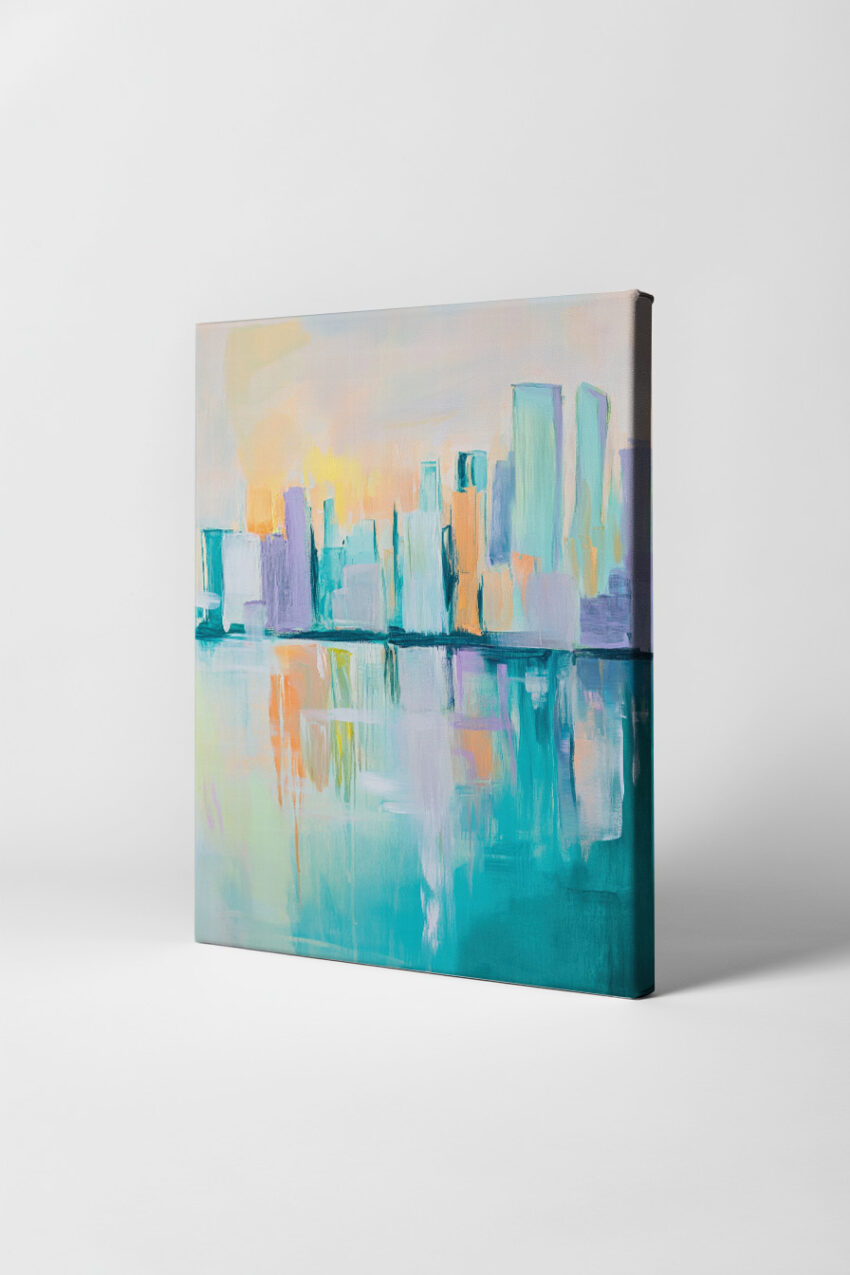 Abstrakter Kunstdruck einer Stadt mit Wasserreflexion in Pastellfarben und modernen Formen