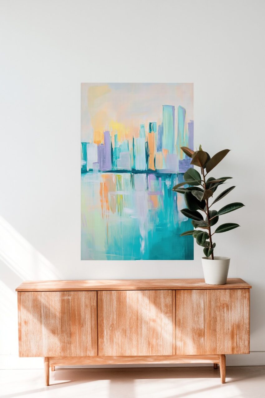 Abstrakter Kunstdruck einer Stadt mit Wasserreflexion in Pastellfarben und modernen Formen