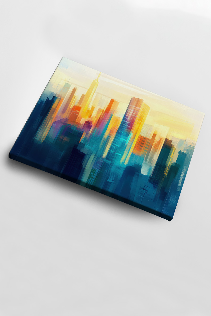 Abstraktes Poster mit Stadt Skyline und Hochhäusern in Blau und Orange im Abendlicht