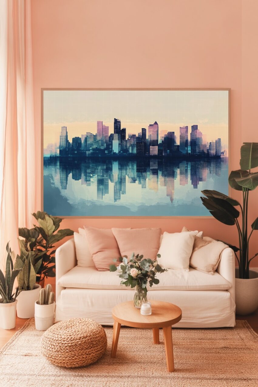 Poster mit moderner Stadtsilhouette und Wasserreflektion in sanften Blau- und Beigetönen