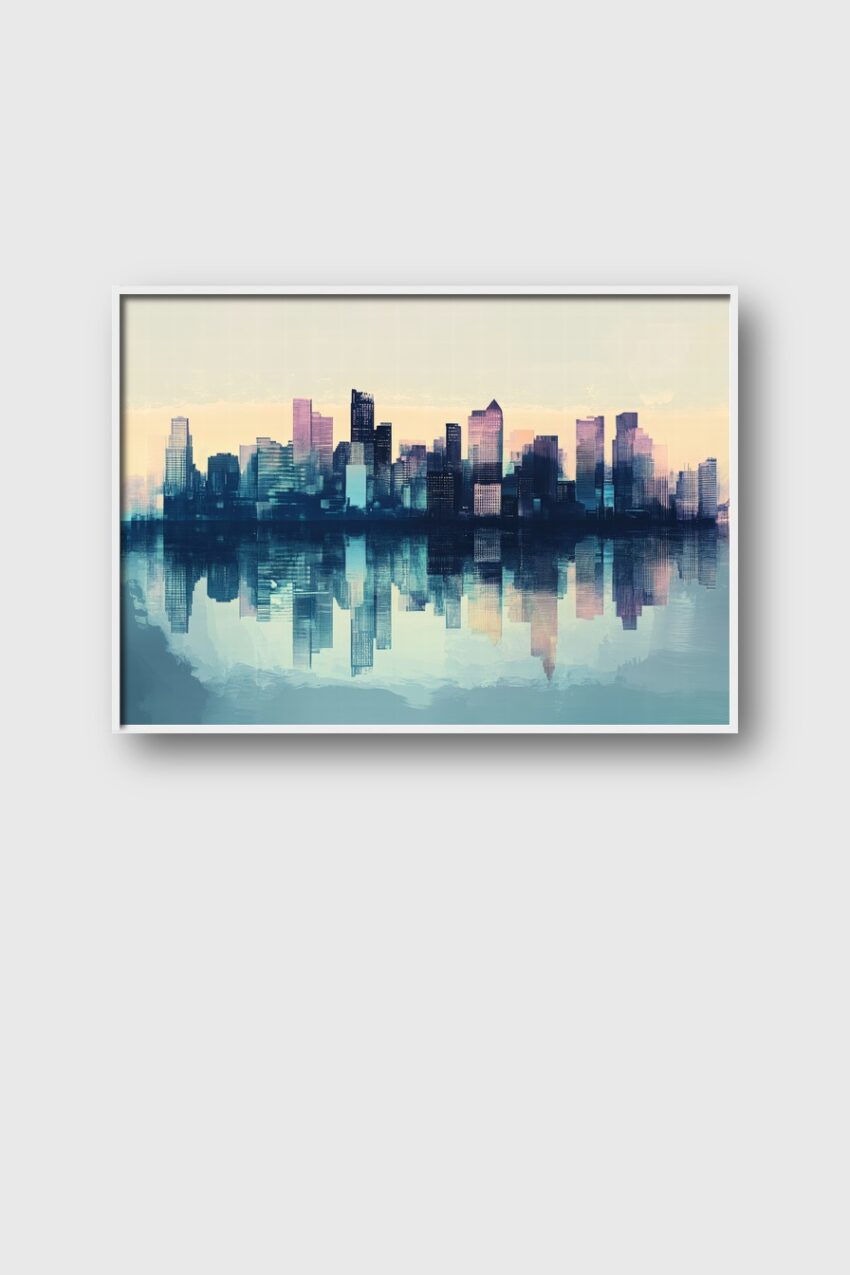 Poster mit moderner Stadtsilhouette und Wasserreflektion in sanften Blau- und Beigetönen