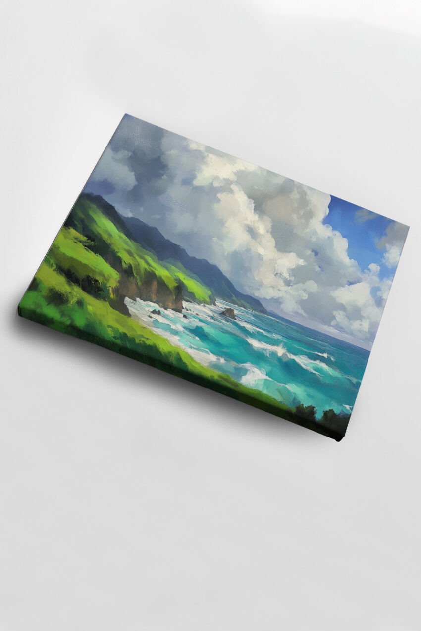 Kunstdruck einer Küstenlandschaft mit grünen Hügeln, türkisfarbenem Meer und bewölktem Himmel in malerischem Stil