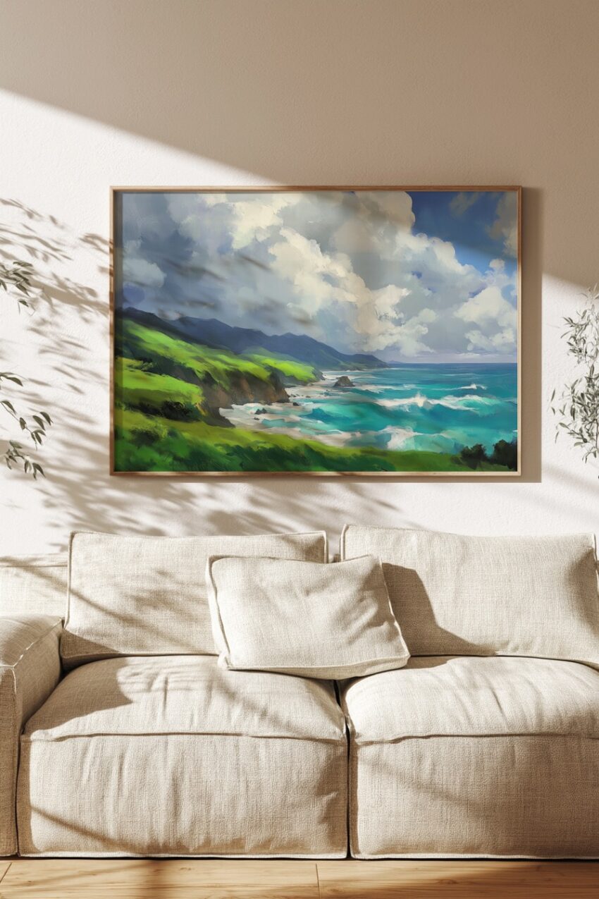 Kunstdruck einer Küstenlandschaft mit grünen Hügeln, türkisfarbenem Meer und bewölktem Himmel in malerischem Stil