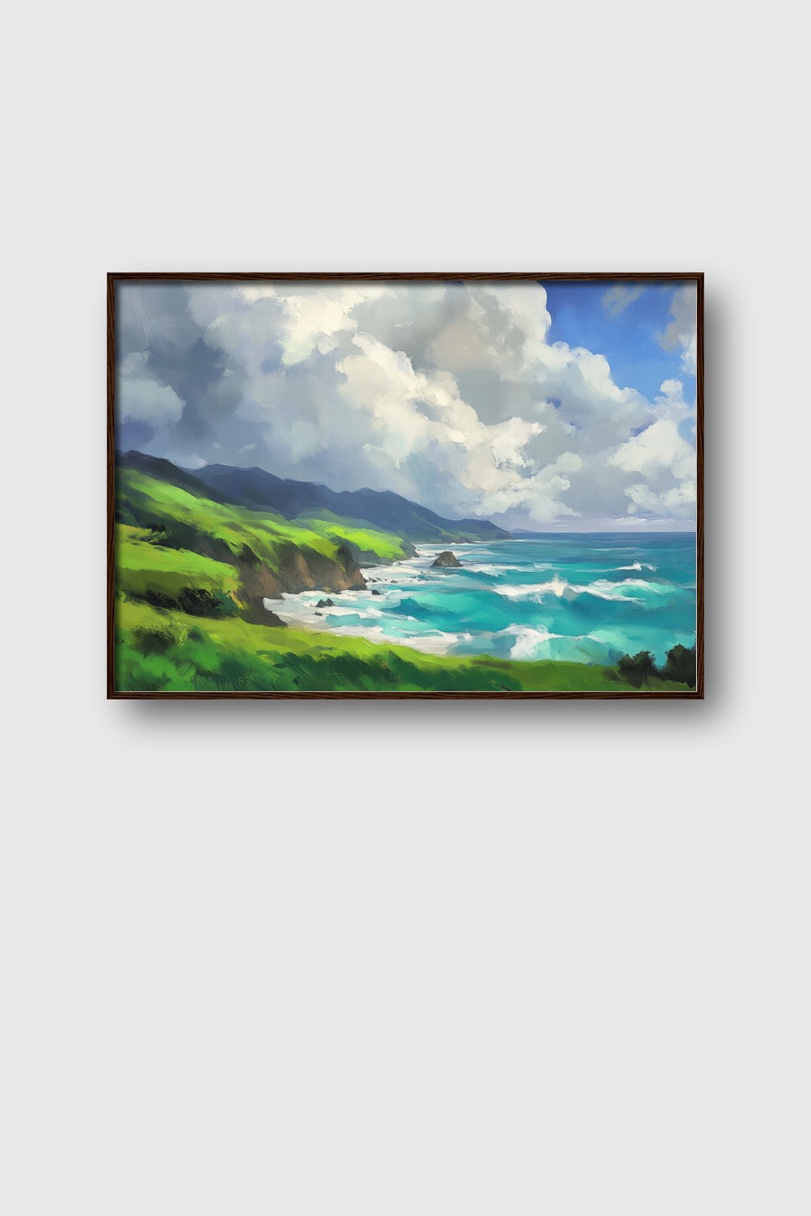 Kunstdruck einer Küstenlandschaft mit grünen Hügeln, türkisfarbenem Meer und bewölktem Himmel in malerischem Stil