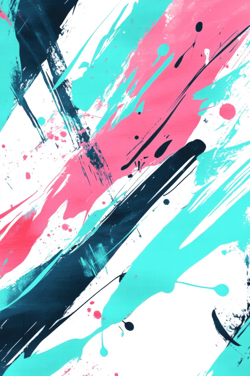 Abstrakter Kunstdruck mit bunten Pinselstrichen in Blau, Pink und Schwarz auf weißem Hintergrund