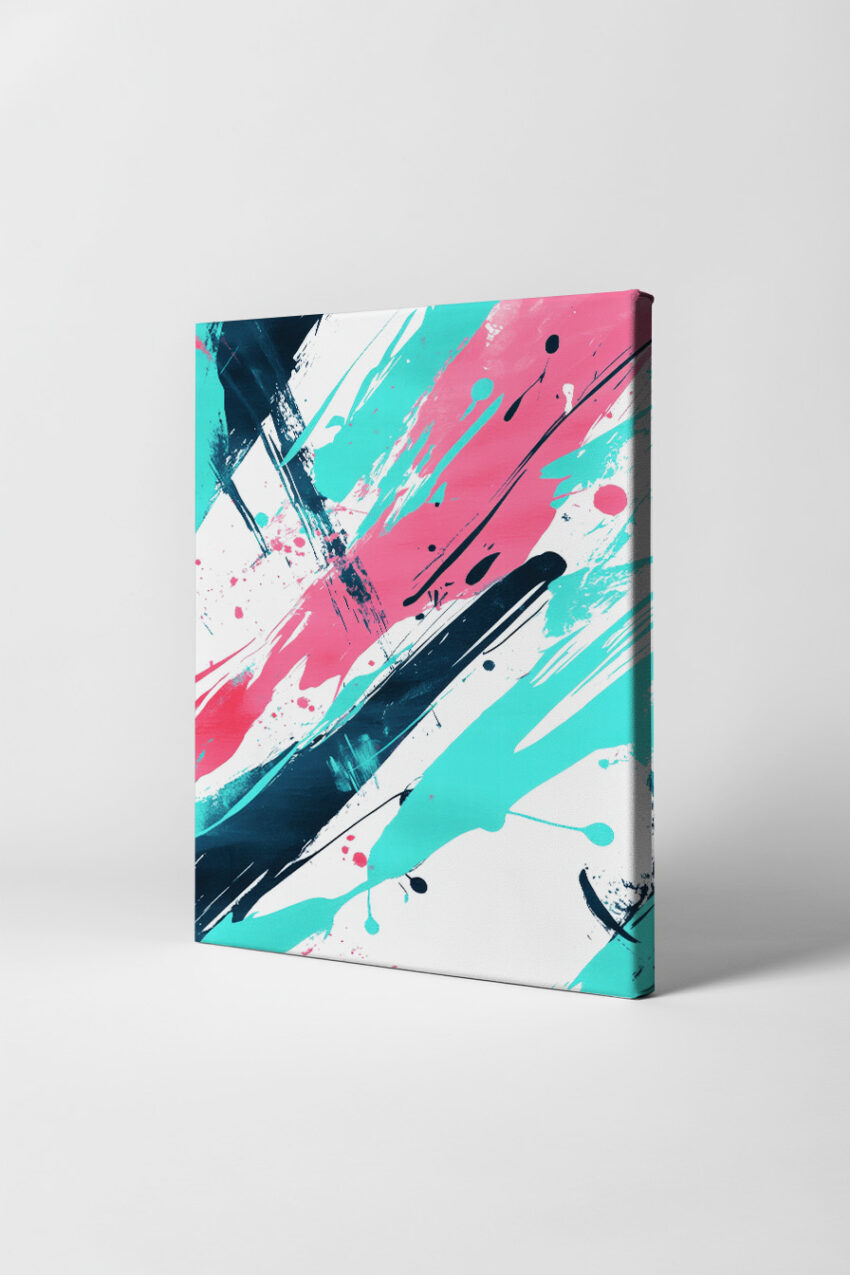 Abstrakter Kunstdruck mit bunten Pinselstrichen in Blau, Pink und Schwarz auf weißem Hintergrund