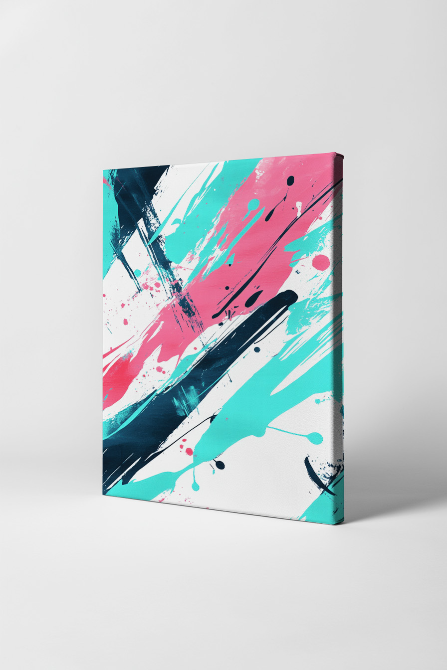 Abstrakter Kunstdruck mit bunten Pinselstrichen in Blau, Pink und Schwarz auf weißem Hintergrund