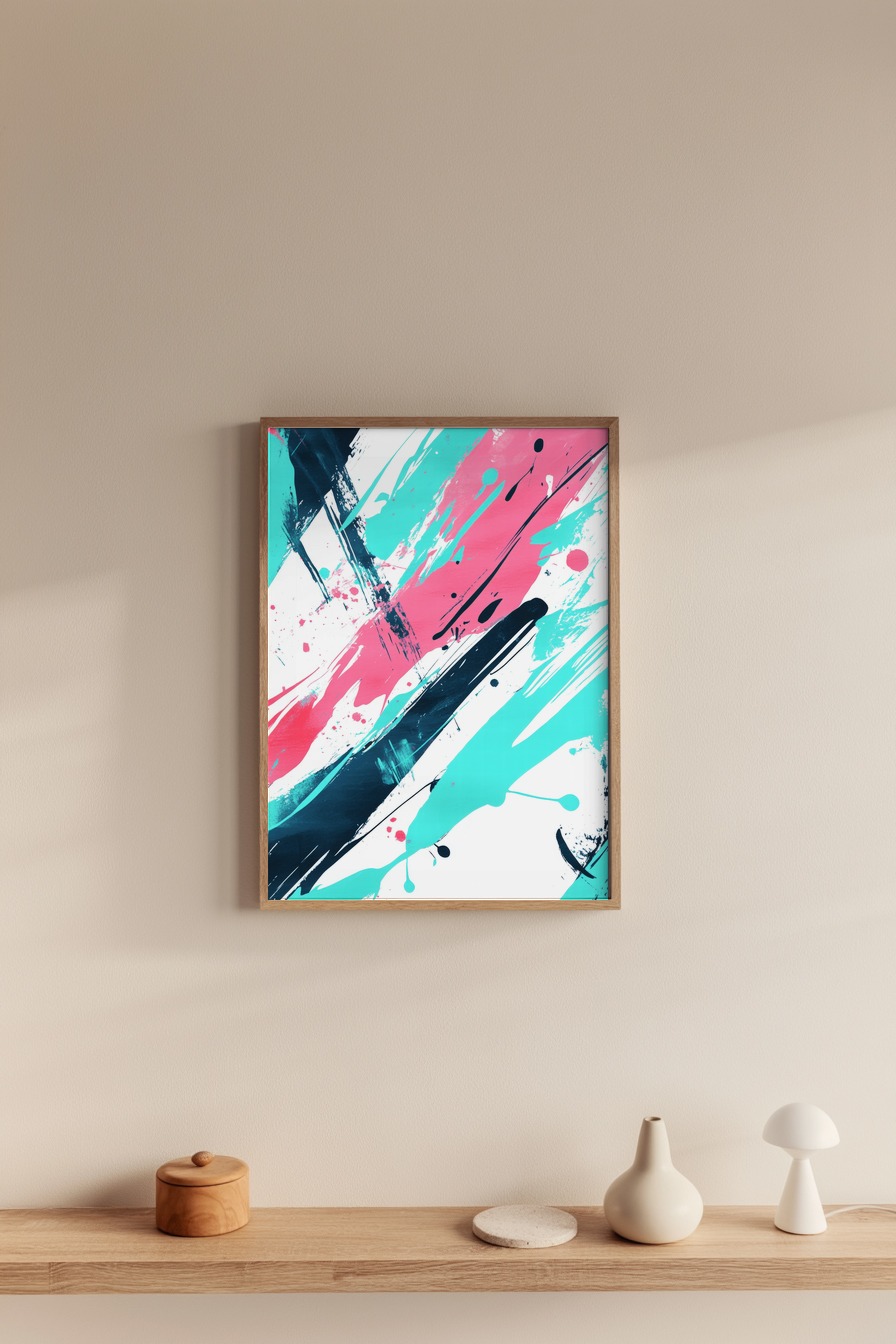 Abstrakter Kunstdruck mit bunten Pinselstrichen in Blau, Pink und Schwarz auf weißem Hintergrund