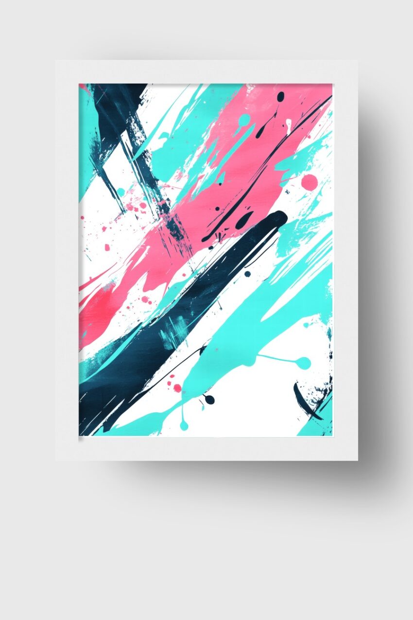 Abstrakter Kunstdruck mit bunten Pinselstrichen in Blau, Pink und Schwarz auf weißem Hintergrund