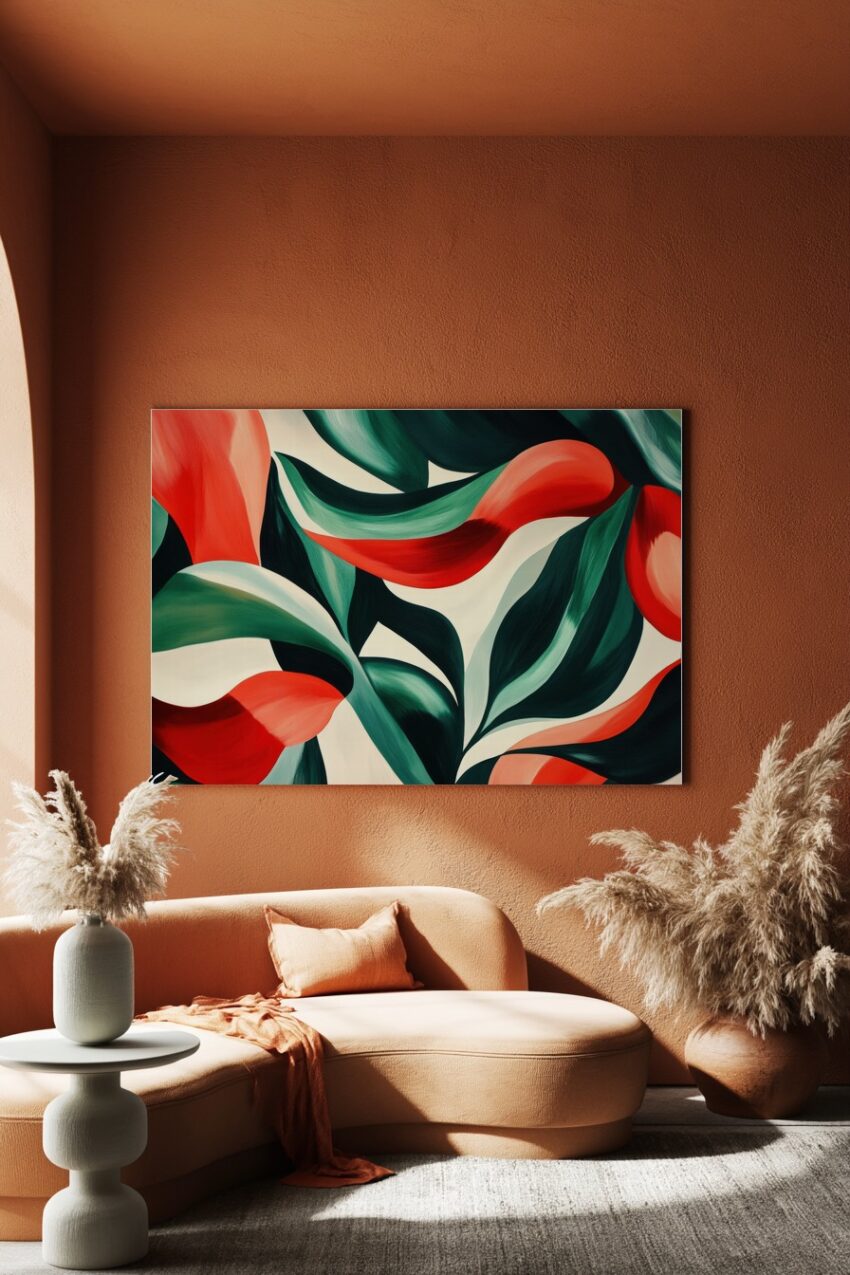Abstraktes Blattmotiv in Rot und Grün als dekorativer Kunstdruck mit organischen Formen